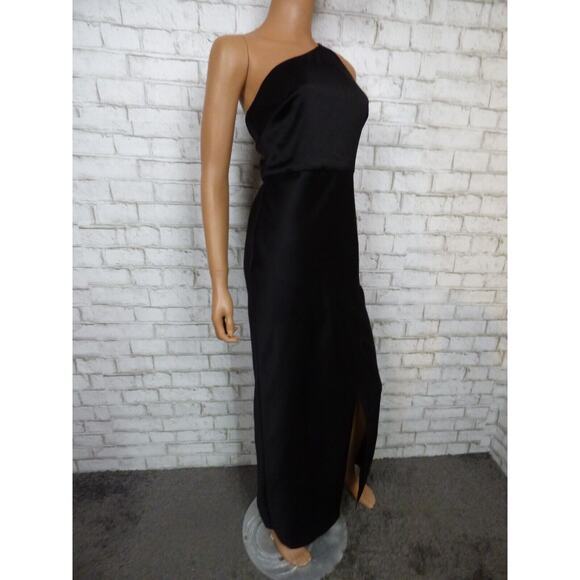 $248 BHLDN Dylan One Shoulder Satin Side Slit Gown in Black 12 NEW - Picture 5 of 13